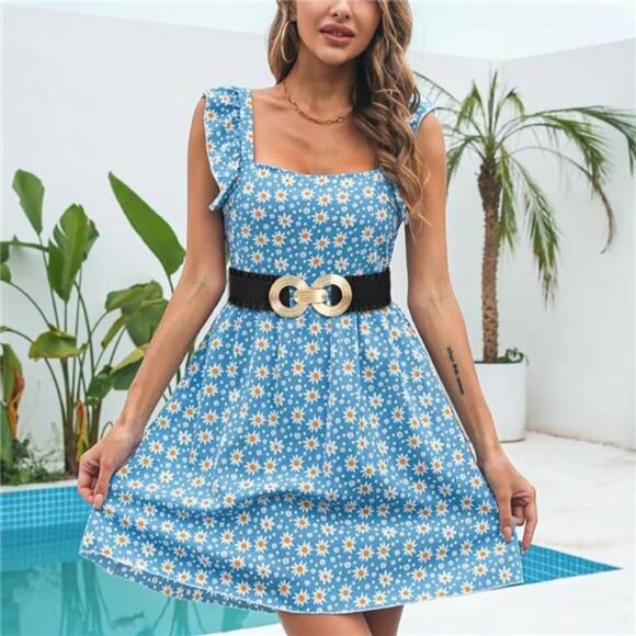 Women’s Retro Boho Elastic Waist Belt with Gold Alloy Round Buckle - Picture 2 of 2